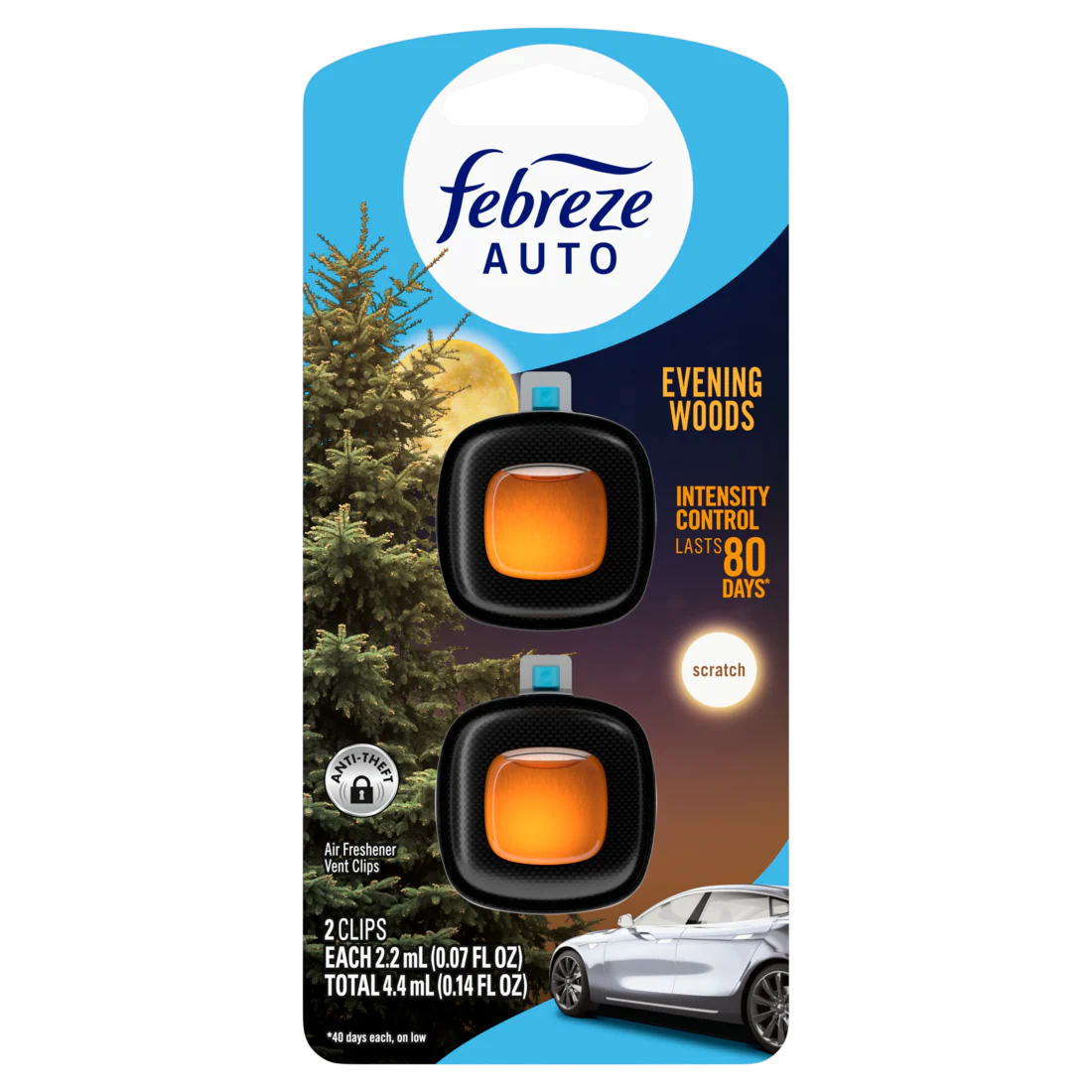 Febreze Auto Air Freshener Odor-Fighting Automotive Vent Clip Evening Woods Scent - (2x0.07)oz/8pk