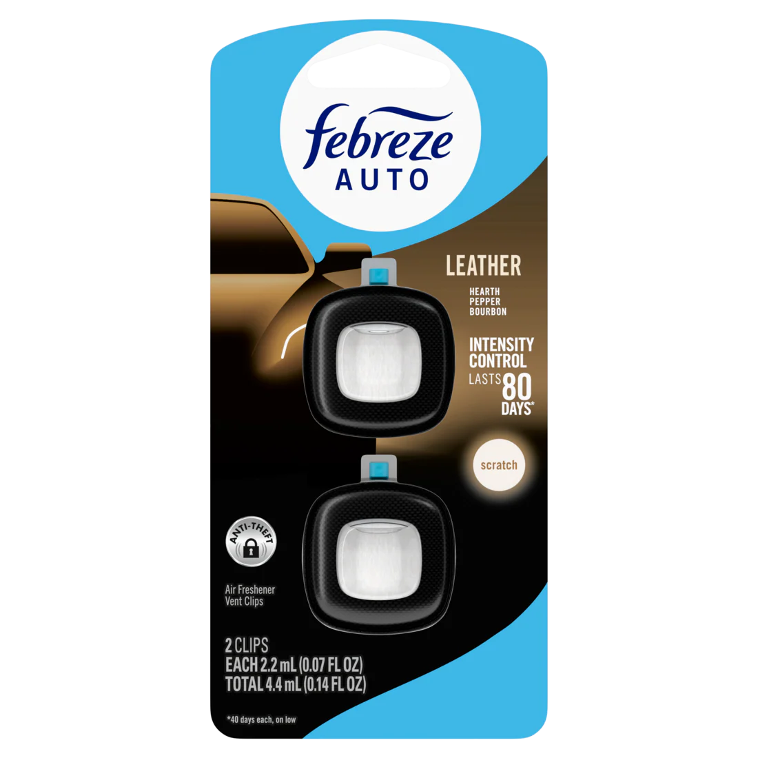 Febreze Auto Air Freshener Odor-Fighting Automotive Vent Clip Leather Scent - (2x0.07)oz/8pk