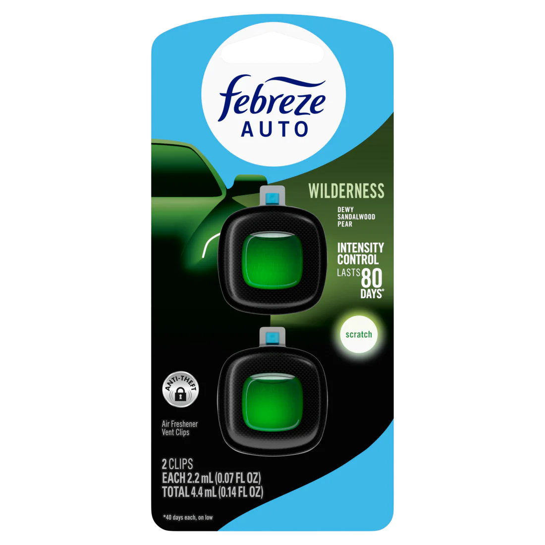 Febreze Auto Air Freshener Odor-Fighting Automotive Vent Clip Wilderness Scent - (2x0.07)oz/8pk