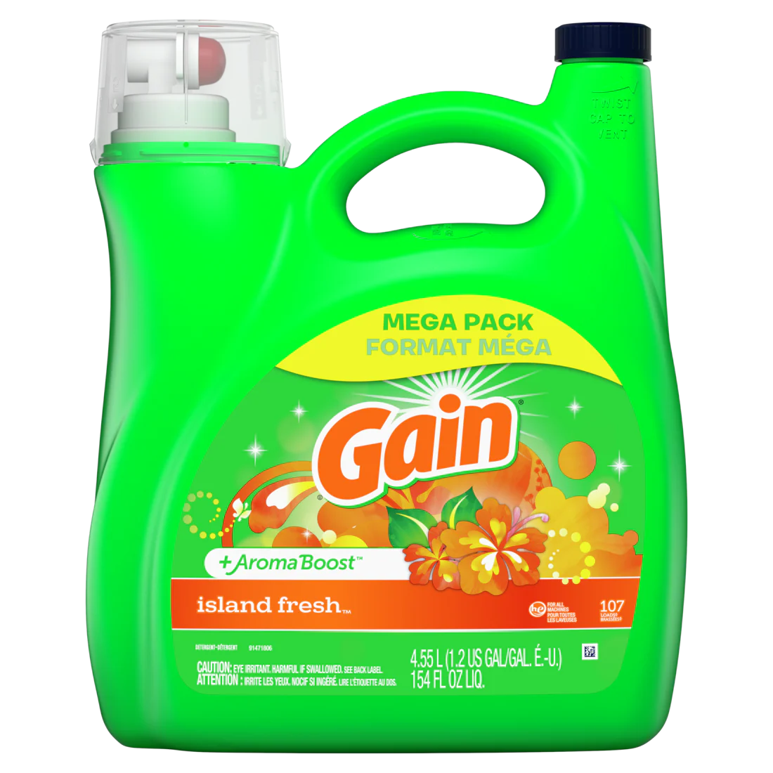 Gain Liquid Laundry Detergent Island Fresh Scent 107 Loads Freshness + Odor Fighting High Efficiency Washing Machine Iquid Cleaning Soap - 154oz/4pk