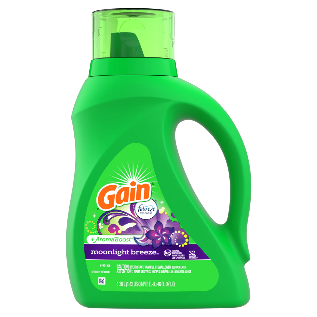 Gain Liquid Laundry Detergent Moonlight Breeze Scent 32 Loads Freshness + Odor Fighting Laundry Detergent Liquid Soap He Compatible - 46oz/6pk