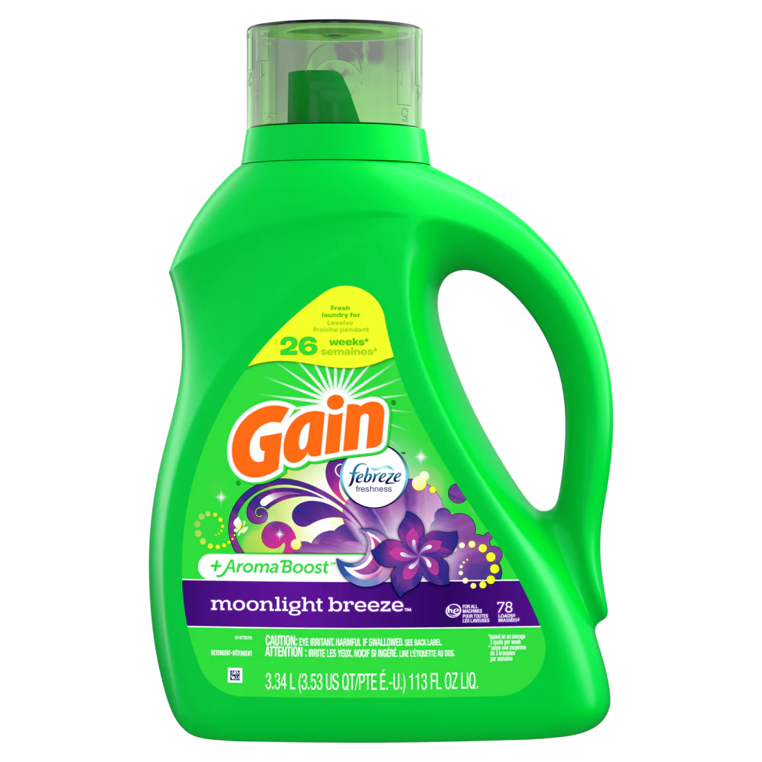 Gain Liquid Laundry Detergent Moonlight Breeze Scent 78 Loads Freshness + Odor Fighting Laundry Detergent Liquid Soap He Compatible - 113oz/4pk