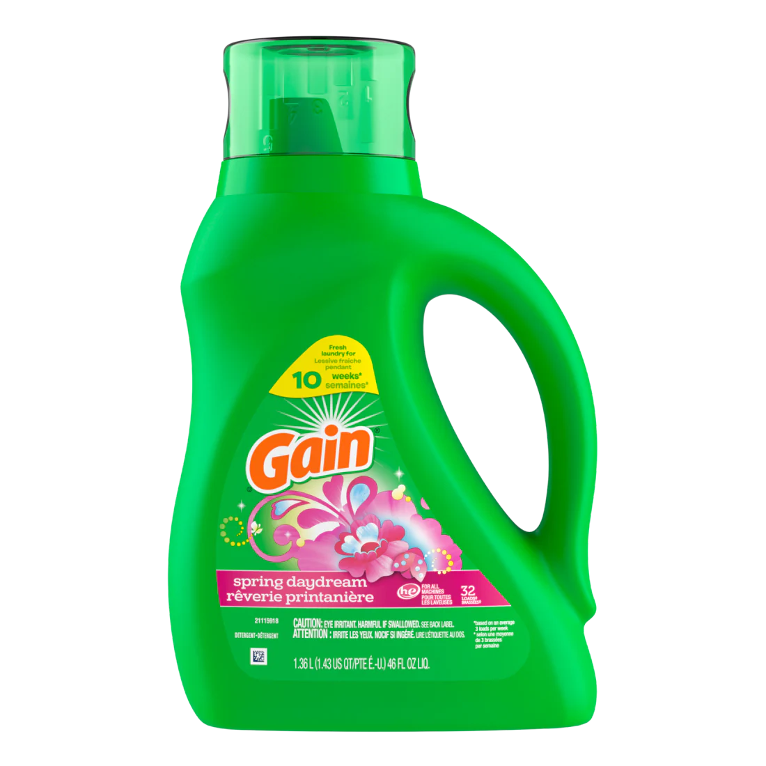 Gain Liquid Laundry Detergent Spring Daydream Scent 32 Loads Freshness + Odor Fighting Laundry Detergent Liquid Soap He Compatible - 46oz/6pk