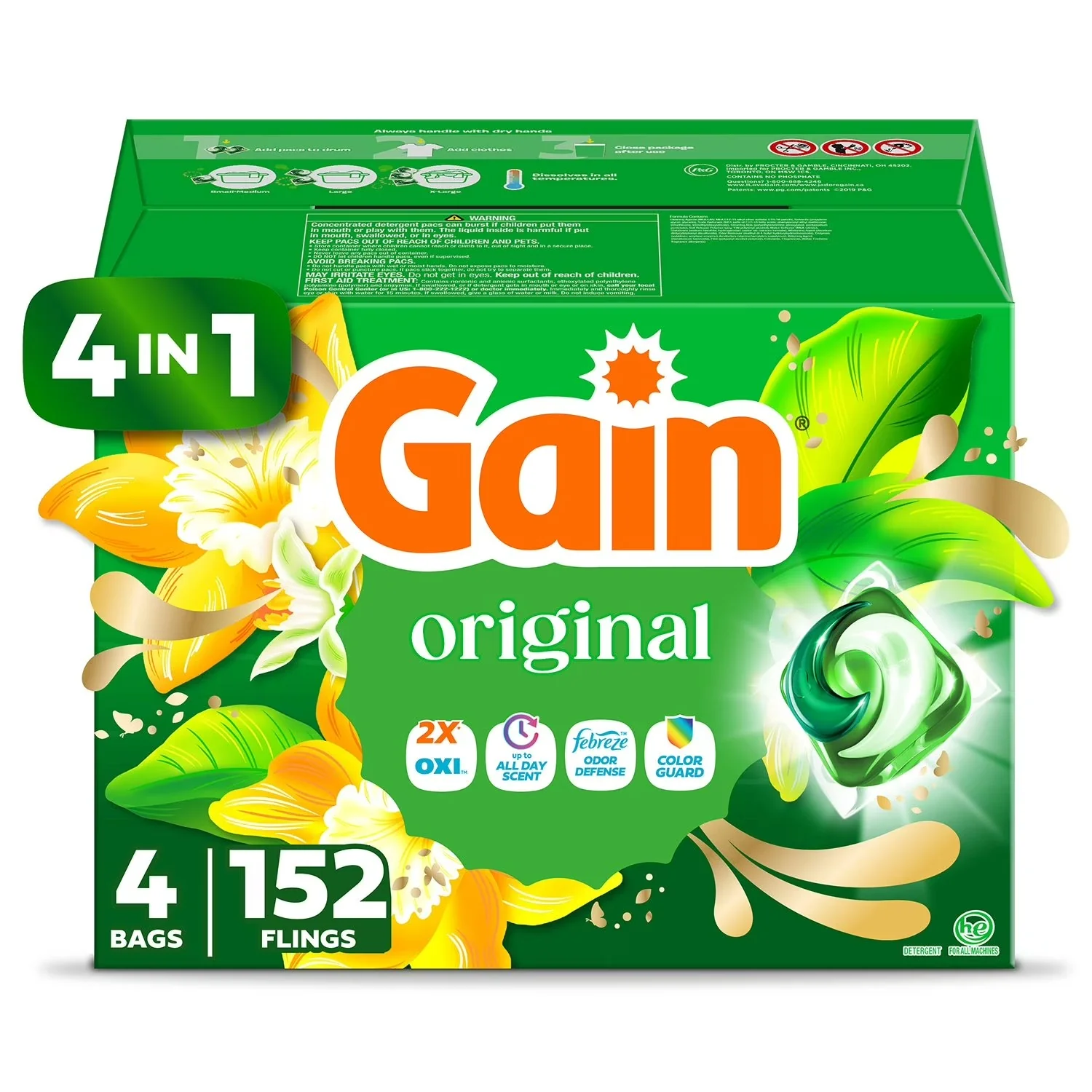 Gain Flings! 3 in 1 Laundry Detergent Pacs Original Scents - 152ct/1pk