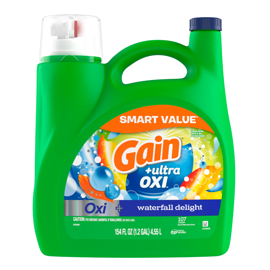 Gain Ultra Oxi Liquid Laundry Detergent Waterfall Delight Scent 107 Loads Freshness + Odor Fighting High Efficiency Washing Machine Iquid Cleaning Soap - 154oz/4pk