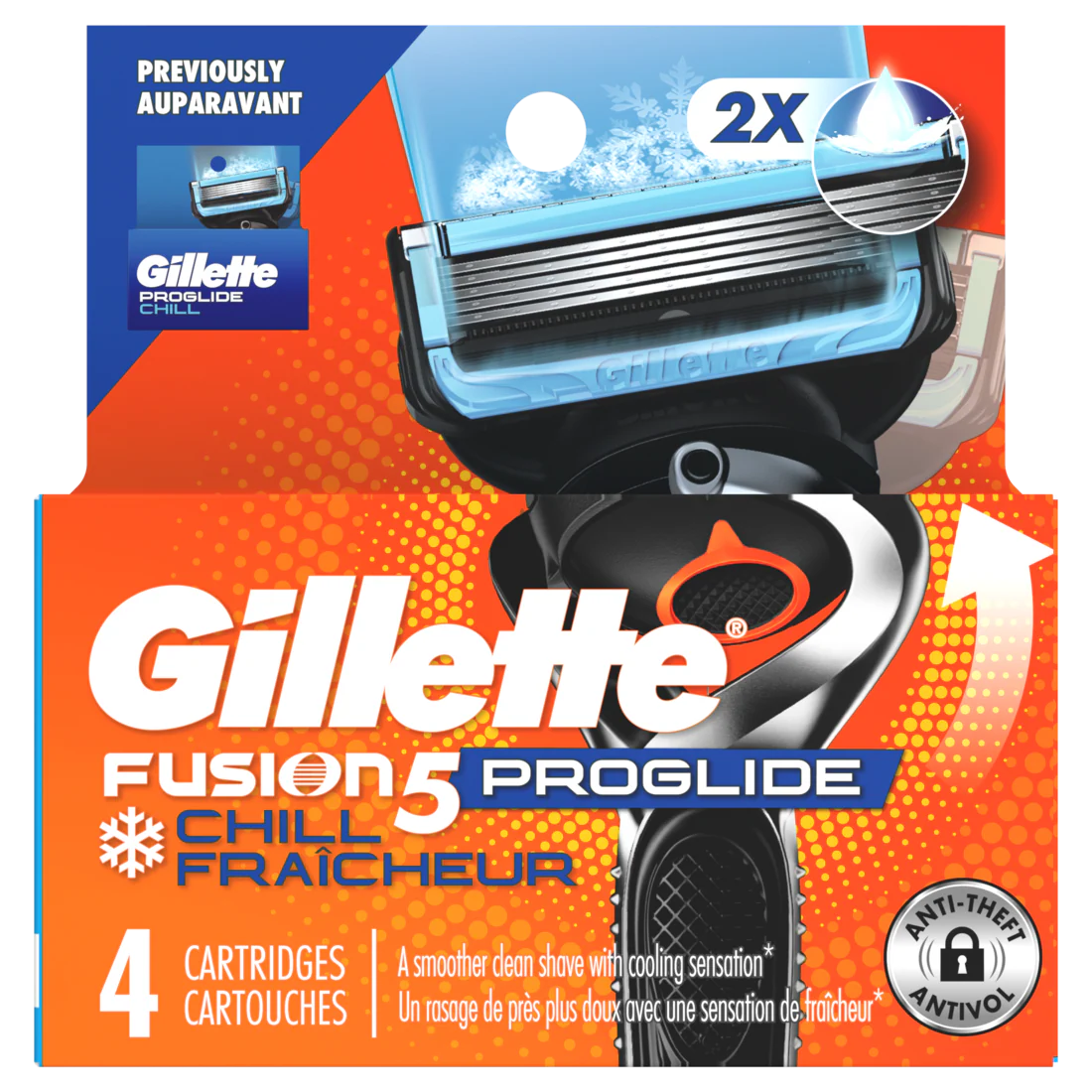 Gillette Fusion5 Proglide Chill Razor Refills 4 Razor Cartridges For Flexball Handle 5-Blade Razor Blades 2X Cooling Lubrication - 4ct/6pk