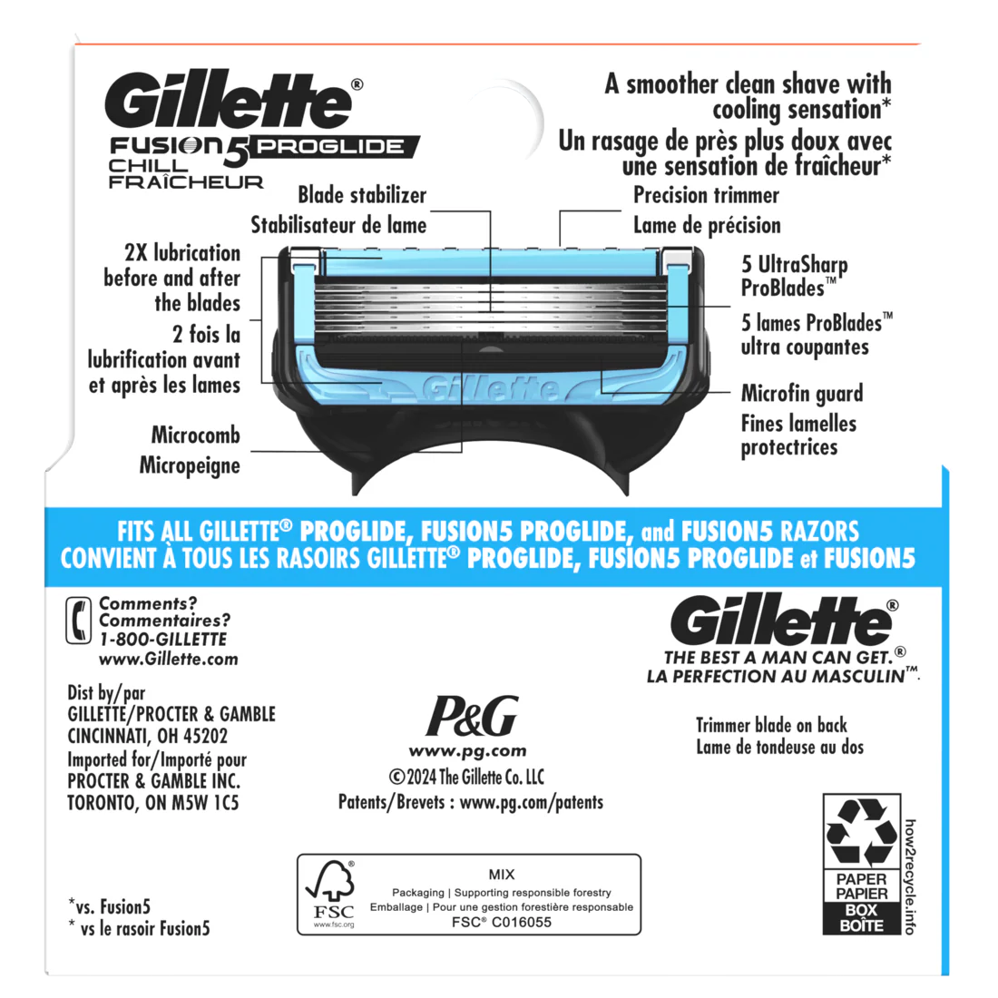 Gillette Fusion5 Proglide Chill Razor Refills 4 Razor Cartridges For Flexball Handle 5-Blade Razor Blades 2X Cooling Lubrication - 4ct/6pk - Image 2