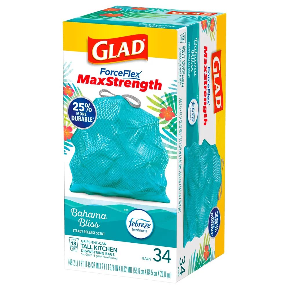 Glad Forceflex Maxstrength Drawstring Bahama Bliss Odor Shield 13 Gallon - 34ct/6pk