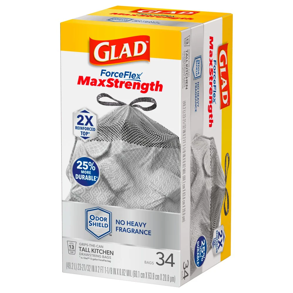 Glad Forceflex MaxStrength Grab Zone Drawstring Odor Shield 13 Gallon - 34ct/6pk