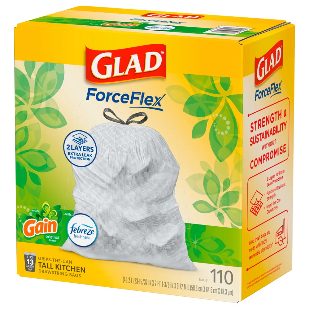 Glad Tall Kitchen Drawstring Gain Original Odor Shield 13 Gallon - 110ct/3pk