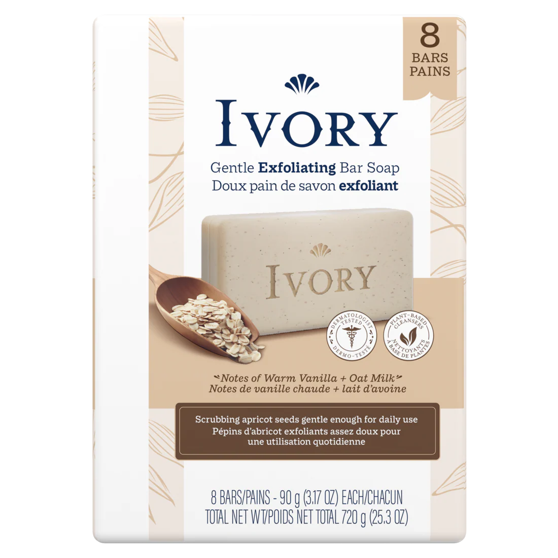 Ivory Gentle Exfoliating Bar Soap Notes Of Warm Vanilla + Oat Milk - (8x3.17)oz/4pk