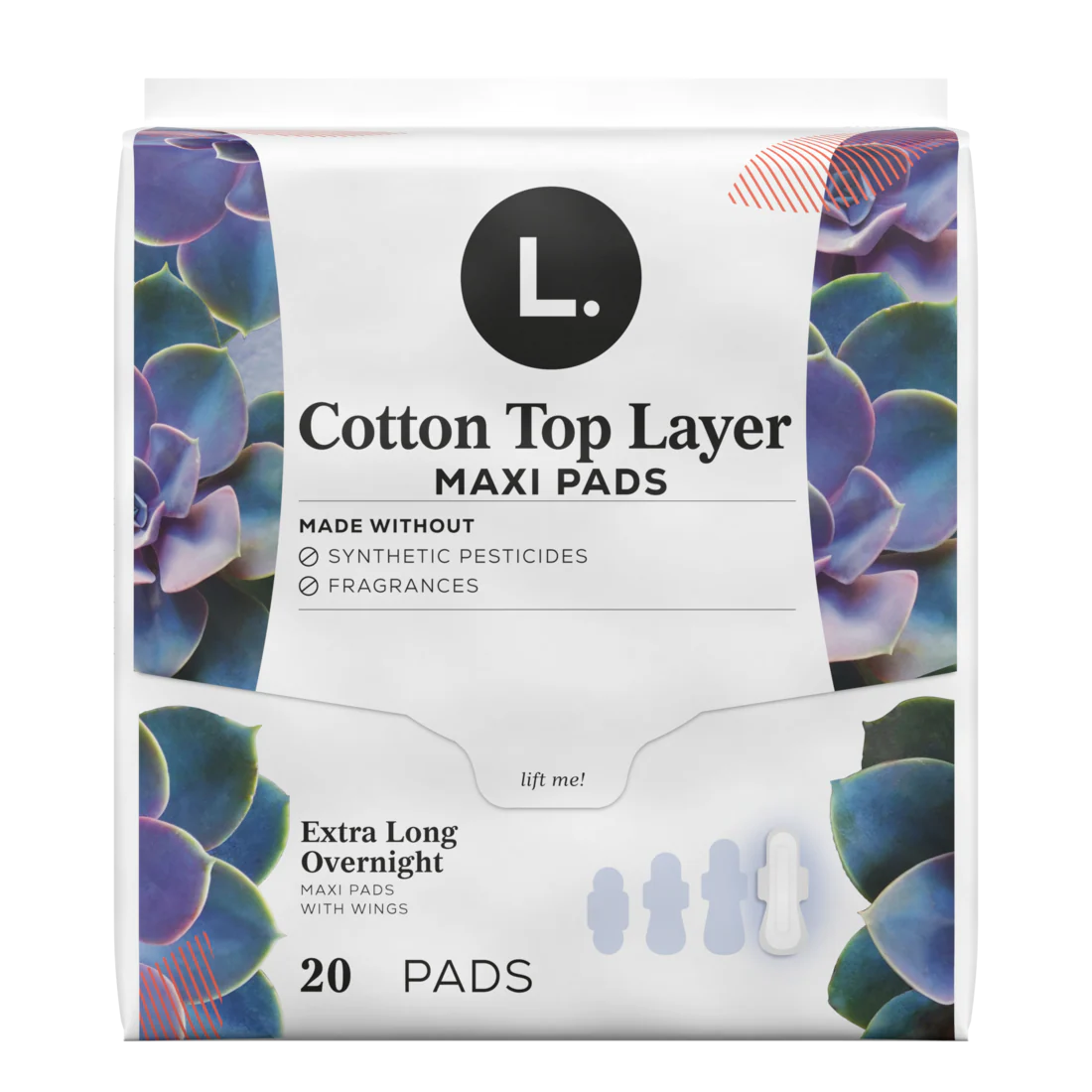 L. Extra Long Maxi Pads For Women Organic Cotton Top Layer Overnight Absorbency Pads With Wings - 20ct/6pk