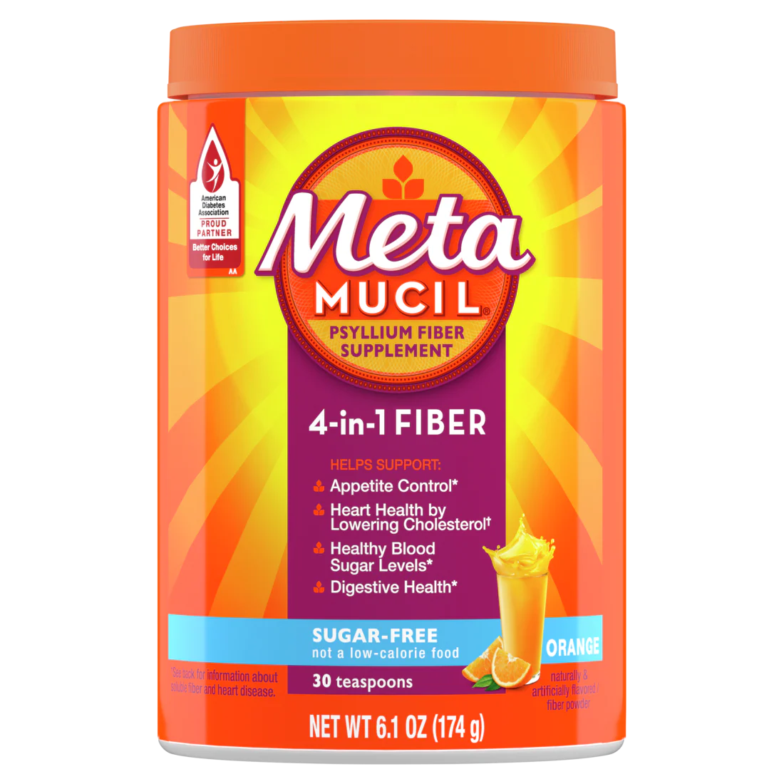 Metamucil 4-in-1 Psyllium Husk Fiber Supplement Sugar-Free 30 teaspoons Orange Flavored Daily Fiber Powder for Digestive Health GLP-1 Friendly Fiber - 6.1oz/6pk