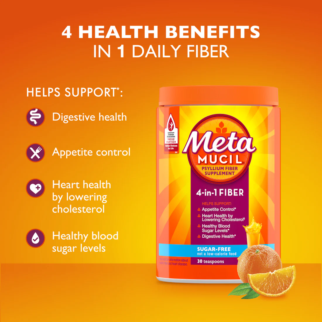 Metamucil 4-in-1 Psyllium Husk Fiber Supplement Sugar-Free 30 teaspoons Orange Flavored Daily Fiber Powder for Digestive Health GLP-1 Friendly Fiber - 6.1oz/6pk - Image 2