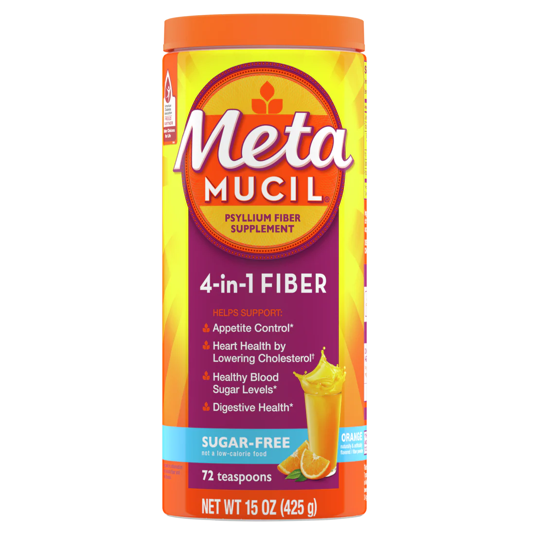 Metamucil 4-in-1 Psyllium Husk Fiber Supplement Sugar-Free 72 teaspoons Orange Flavored Daily Fiber Powder for Digestive Health GLP-1 Friendly Fiber - 15oz/6pk