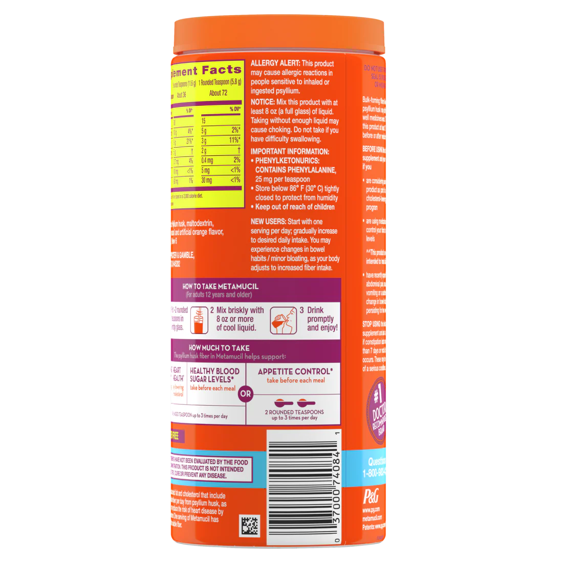 Metamucil 4-in-1 Psyllium Husk Fiber Supplement Sugar-Free 72 teaspoons Orange Flavored Daily Fiber Powder for Digestive Health GLP-1 Friendly Fiber - 15oz/6pk - Image 2