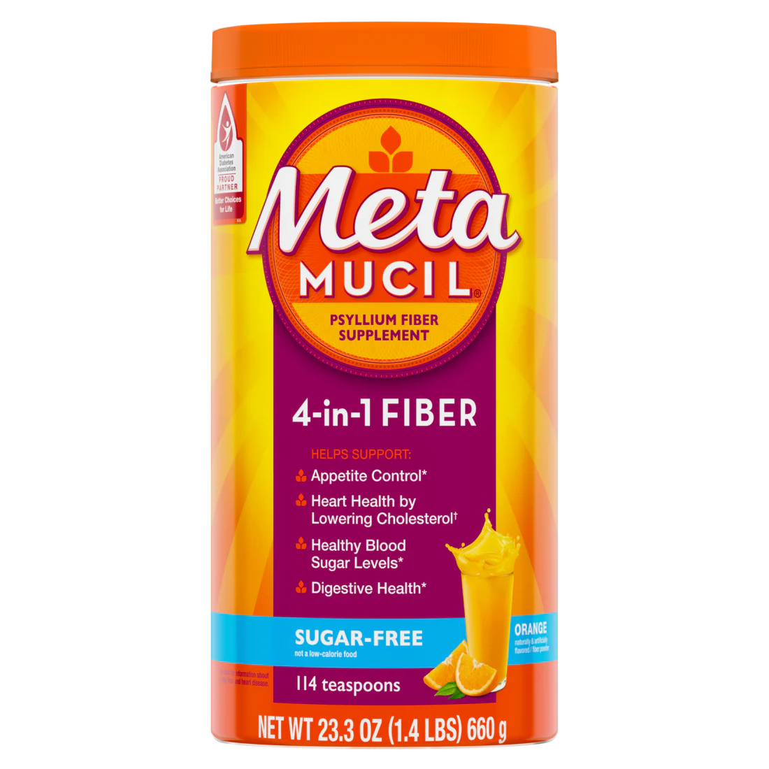 Metamucil Daily Psyllium Husk Powder Sugar-Free 4-in-1 Fiber for Digestive Health Orange Flavor - 23.3oz/4pk