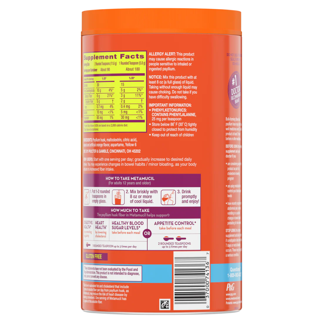 Metamucil 4-in-1 Psyllium Husk Glp-1 Friendly Fiber Supplement Sugar-Free 180 Teaspoons Orange Flavored  Daily Fiber Powder For Digestive Health Made With Plant-Based Psyllium Husk Fiber - 36.8oz/4pk - Image 2