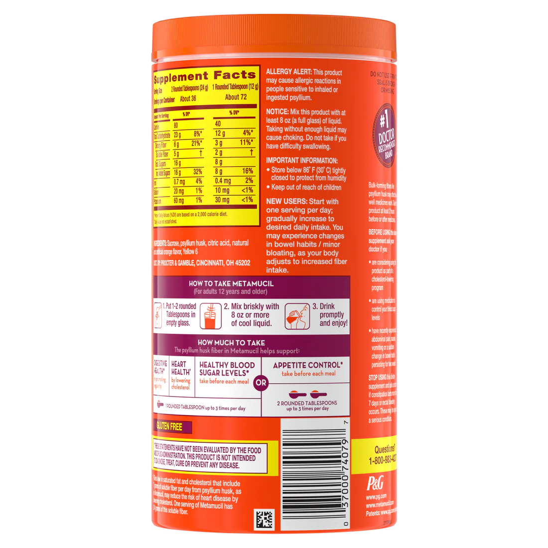 Metamucil 4-in-1 Psyllium Husk Glp-1 Friendly Fiber Supplement Real Sugar 72 Tablespoons Orange Flavored  Daily Fiber Powder For Digestive Health Made With Plant-Based Psyllium Husk Fiber - 30.4oz/4pk - Image 2