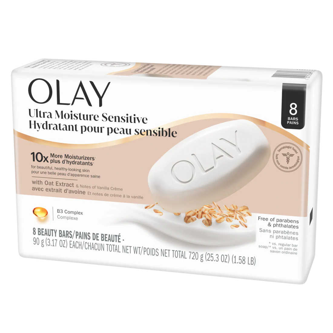 Olay Ultra Moisture Sensitive Beauty Bar with Oat Extract and Notes of Vanilla Creme - (8x3.17)oz/4pk