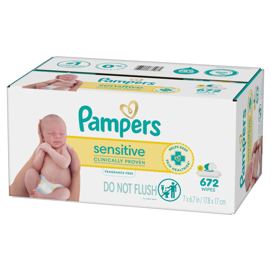 Baby Wipes Pampers Sensitive Clinically Proven Fragrance Free Water Based Hypoallergenic Baby Wipes (8X Flip-Top Packs 84 Wipers per Pack) - 672ct/1pk