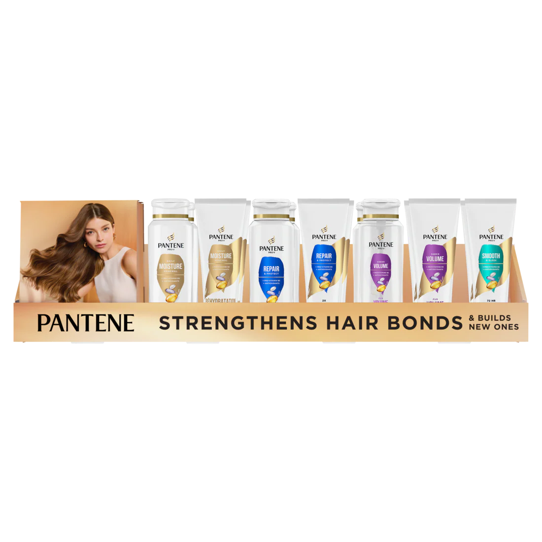 Pantene Shampoo & Conditioner Tray Display (2x12oz Moisture Shampoo; 2x12oz 2in1 Clean; 2x12oz Repair Shampoo; 2x12oz Volume Shampoo; 2x10.4oz Volume Conditioner; 2x10.4oz Moisture Conditioner; 2x10.4oz Repair Conditioner) - (10.4-12)oz/14pk