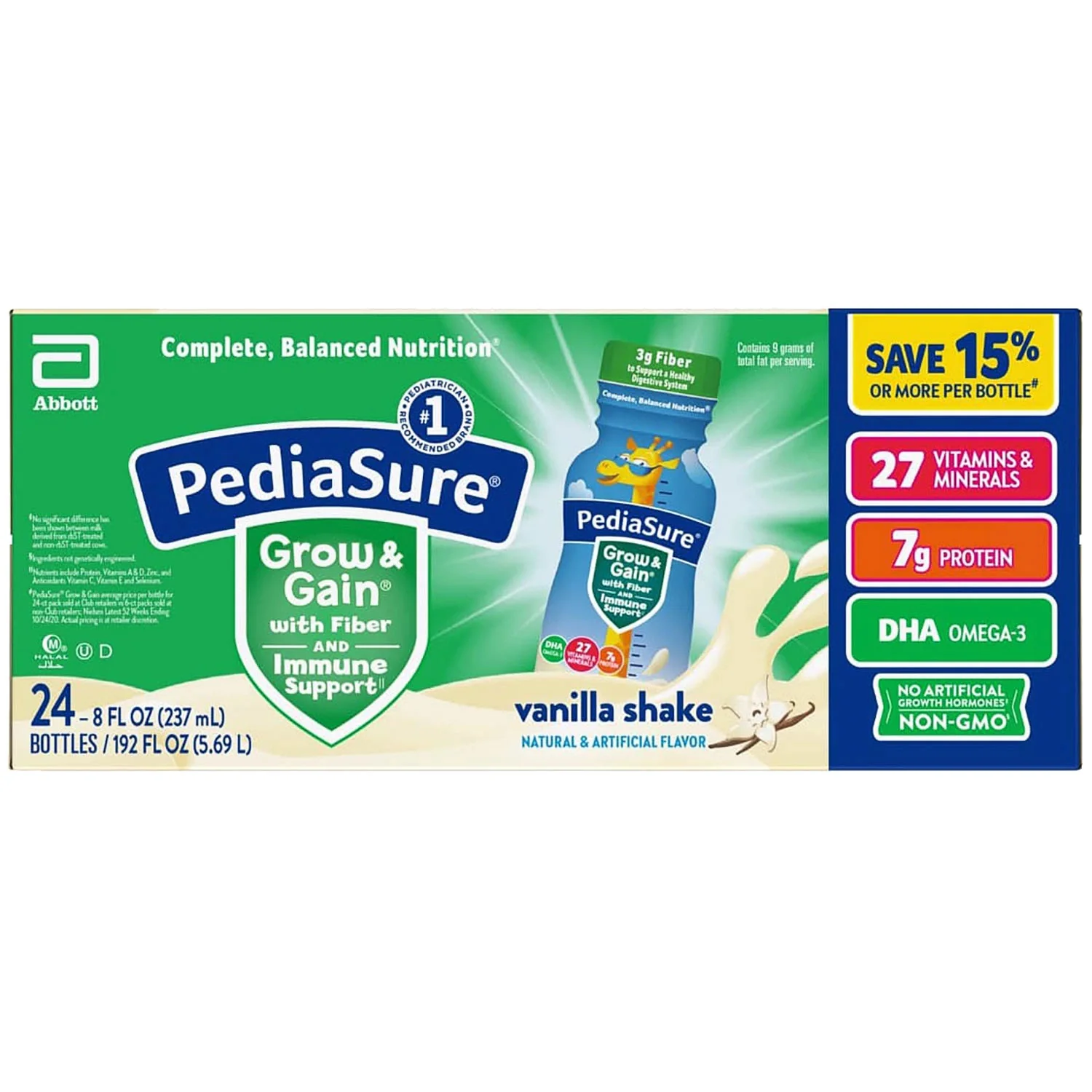 PediaSure Grow and Gain Nutritional Shake with Fiber for Kids Vanilla - 8oz/24pk