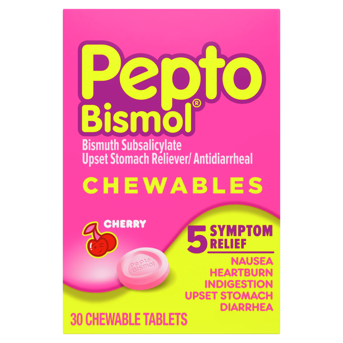 Pepto Bismol Cherry Chewable Tablets Upset Stomach Relief Nausea Relief Heartburn Relief Indigestion Relief Anti Diarrhea Medication For Adults - 5 Symptom Relief - 30ct/24pk