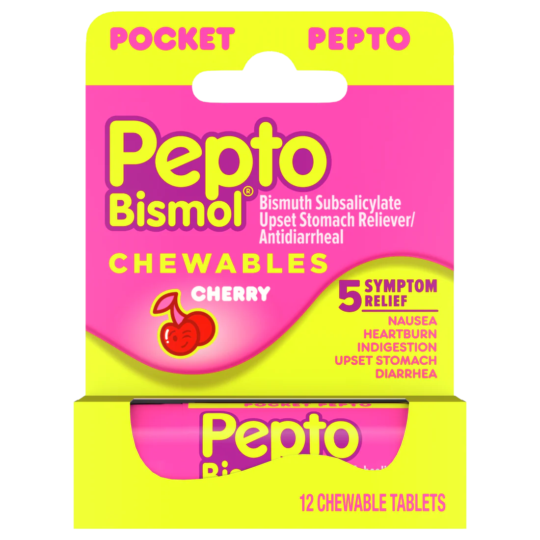 Pepto Bismol Cherry Chewable Tablets Pocket To-Go Upset Stomach Relief Nausea Relief Heartburn Relief Indigestion Relief Anti Diarrhea Medication For Adults - 5 Symptom Relief - 12ct/24pk