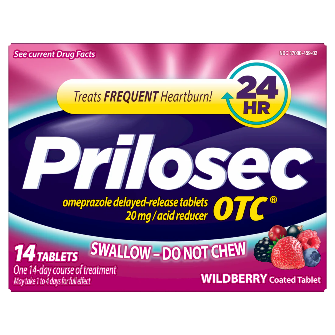 Prilosec OTC Omeprazole 20gm Delayed Release Acid Reducer Treats Frequent Heartburn for 24 Hour Relief All Day All Night Wildberry Flavor Tablets -14ct /24pk