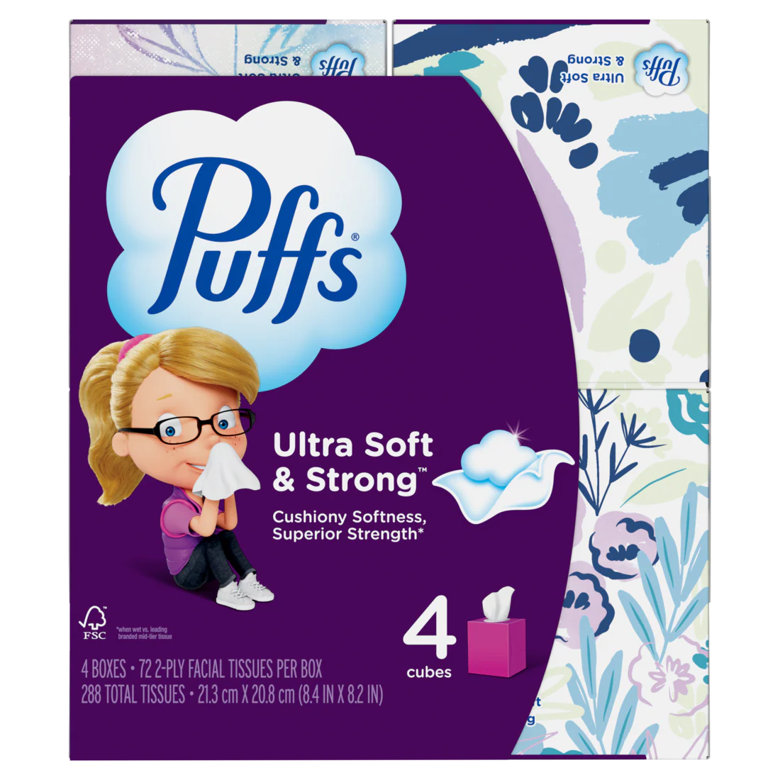 Puffs Ultra Soft Facial Tissues 4 Mega Cube Box 72 Facial Tissues Per Box - 288ct/6pk
