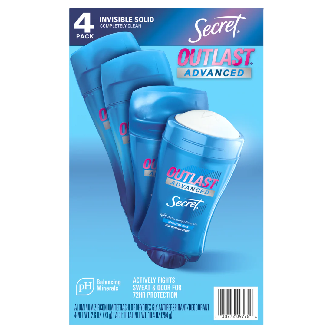 Secret Antiperspirant Deodorant Outlast Advanced Invisible Solid Completely Clean Scent for Women Pack of 4 - 2.6oz/270pk