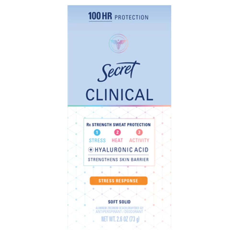 Secret Clinical Antiperspirant Deodorant for Women 100HR Sweat & Odor Protection Hyaluronic Acid Soft Solid Stress Response - 2.6oz/12pk