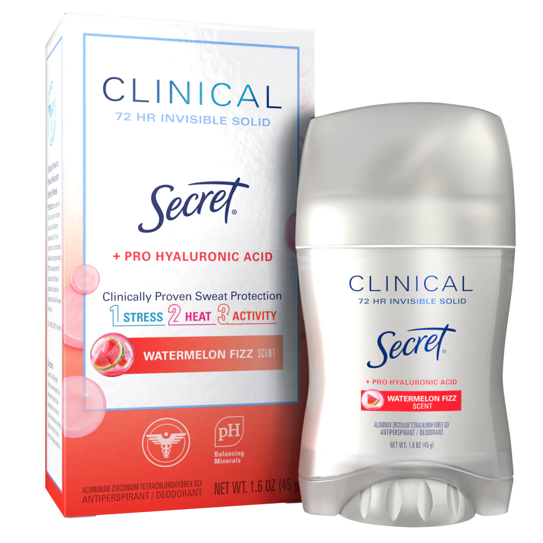 Secret Clinical Strength Antiperspirant And Deodorant For Women Pro-Hyaluronic Acid Invisible Solid Watermelon Fizz - 1.6oz/12pk