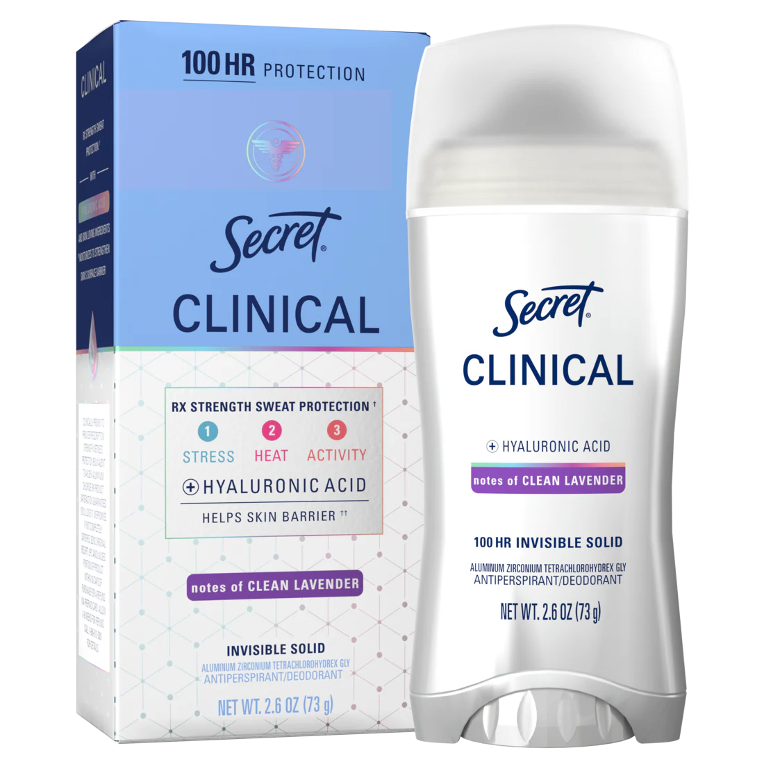 Secret Clinical Antiperspirant Deodorant For Women 100Hr Sweat & Odor Protection Hyaluronic Acid Invisible Solid Clean Lavender - 2.6oz/12pk