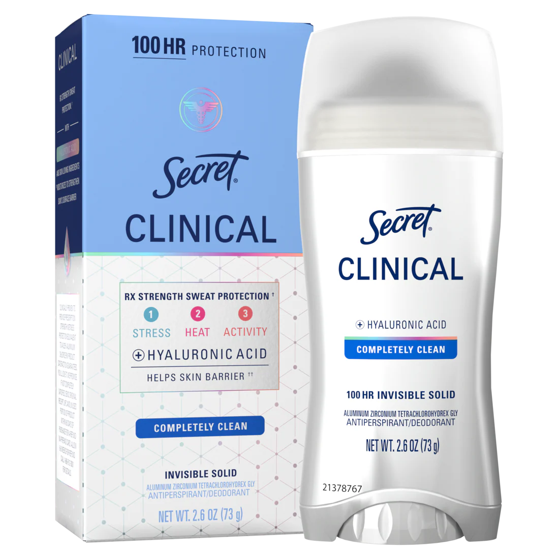 Secret Clinical Antiperspirant Deodorant For Women 100Hr Sweat & Odor Protection Hyaluronic Acid Invisible Solid Completely Clean - 2.6oz/12pk