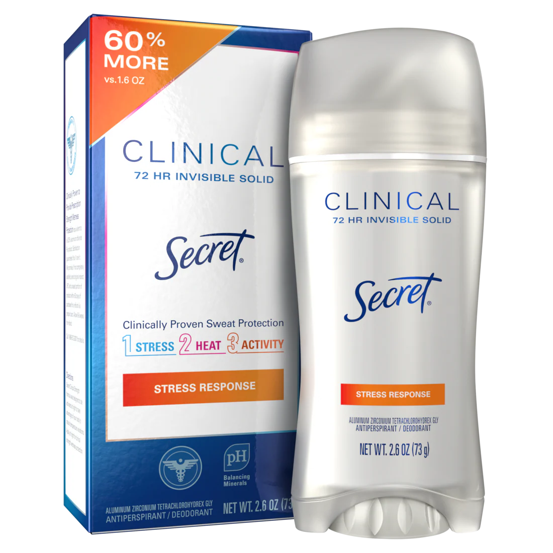 Secret Clinical Antiperspirant Deodorant For Women 100Hr Sweat & Odor Protection Hyaluronic Acid Invisible Solid Stress Response - 2.6oz/12pk