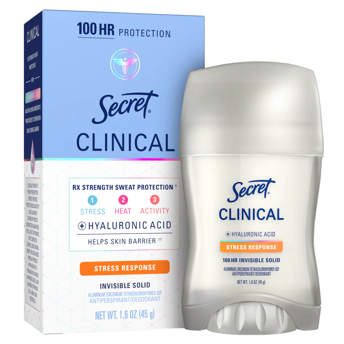 Secret Clinical Antiperspirant Deodorant For Women 100HR Sweat & Odor Protection Hyaluronic Acid Invisible Solid Stress Response - 1.6oz/12pk