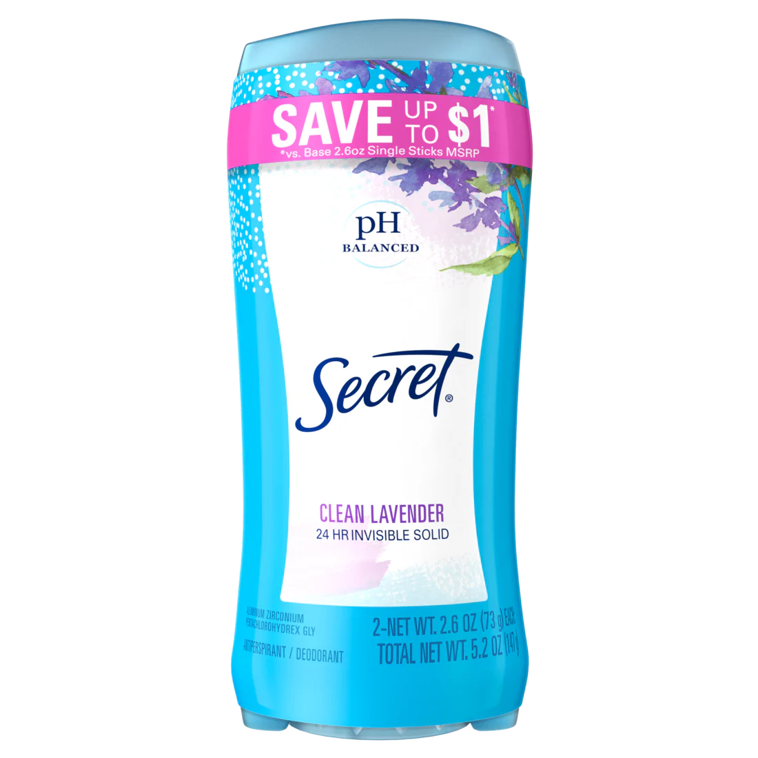 Secret Invisible Solid Antiperspirant And Deodorant Clean Lavender Twin Pack - (2x2.6)oz/6pk