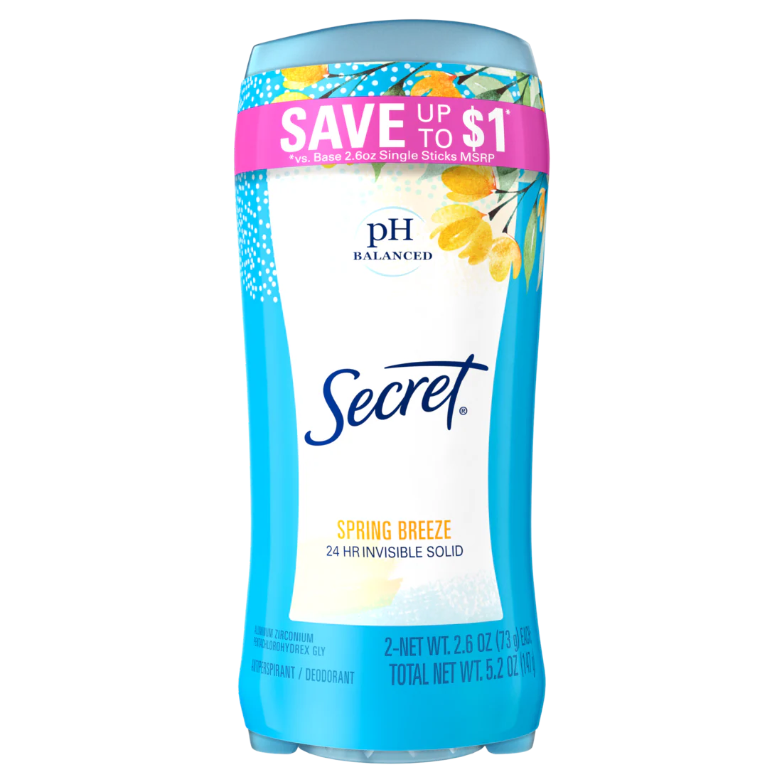 Secret Invisible Solid Antiperspirant And Deodorant Spring Breeze Twin Pack - (2x2.6)oz/6pk
