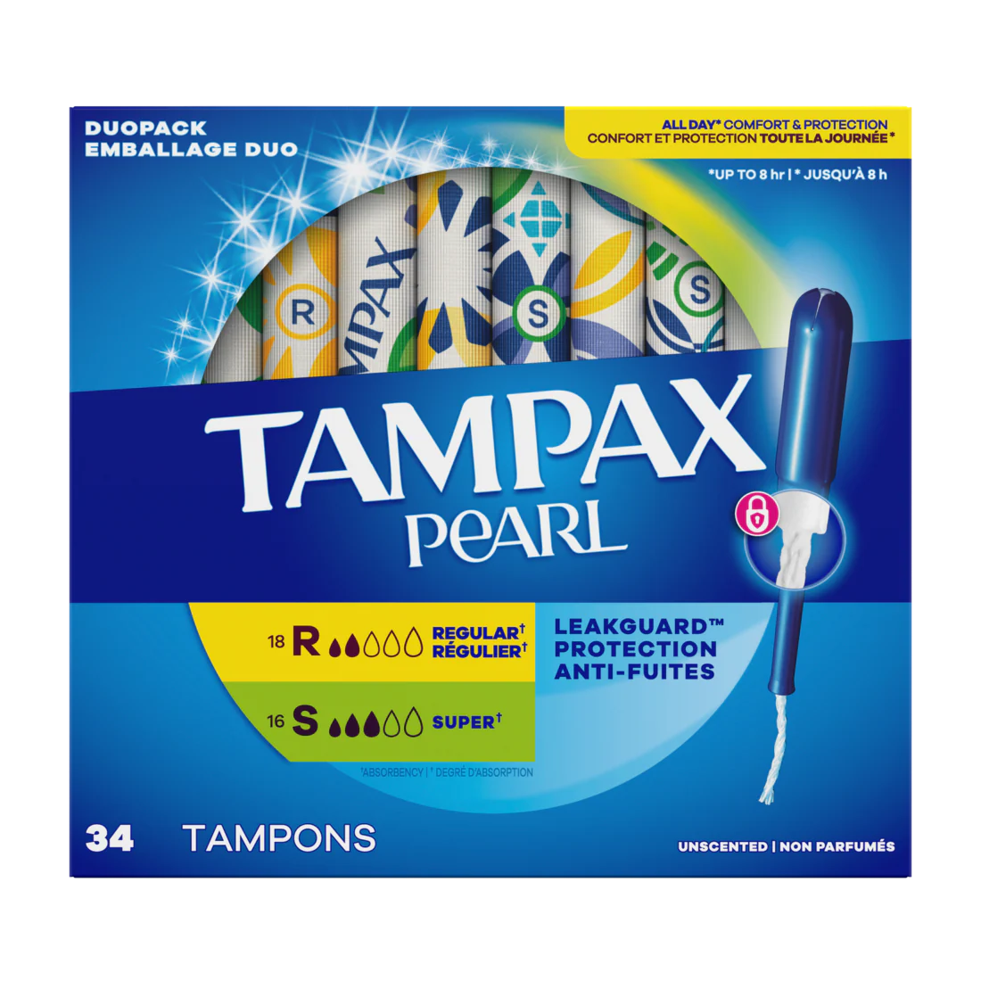 Tampax Pearl Tampons Multipack With Leakguard Braid Regular/Super Absorbency Unscented - 34ct/6pk