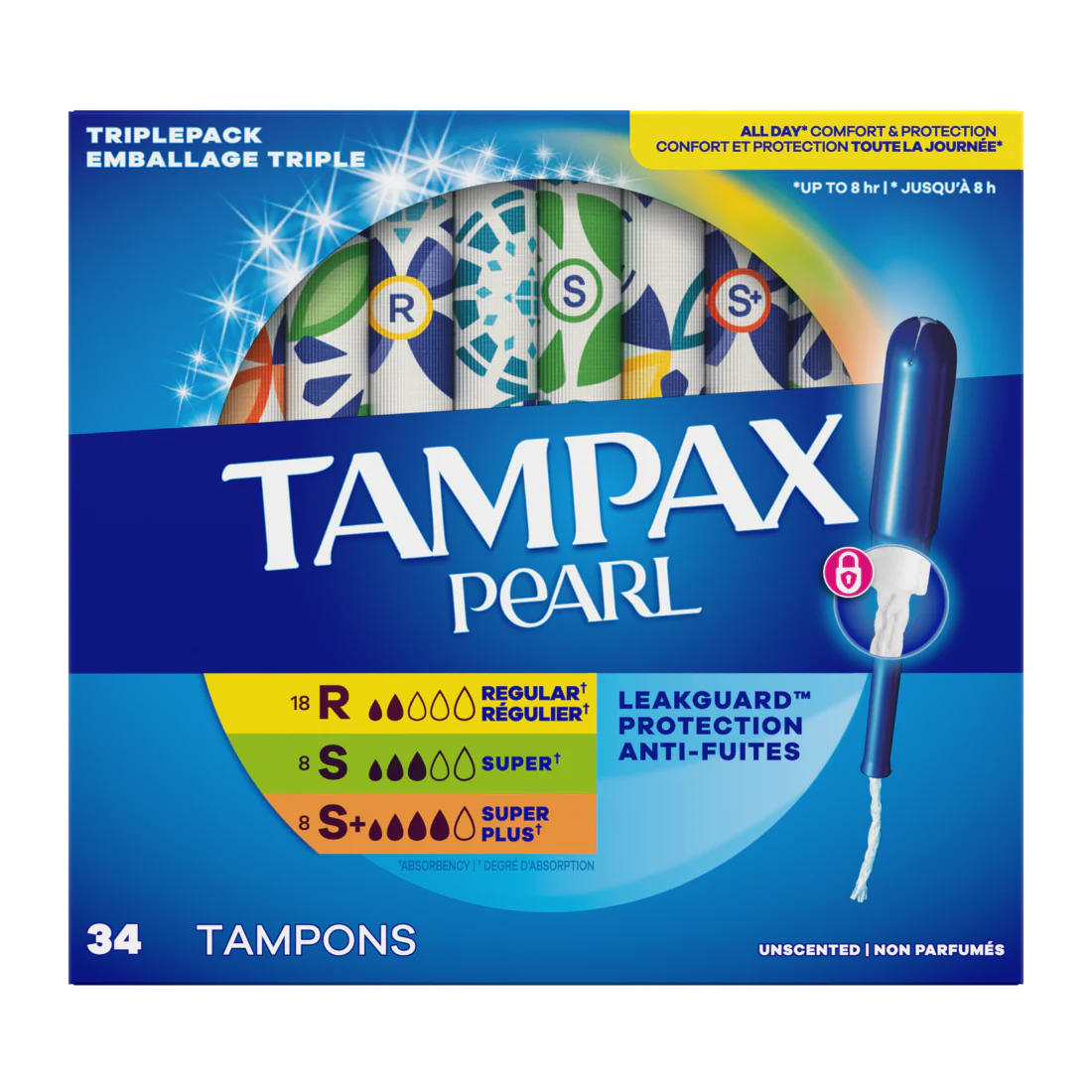 Tampax Pearl Tampons Multipack With Leakguard Braid Regular/Super/Super Plus Absorbency Unscented - 34ct/6pk