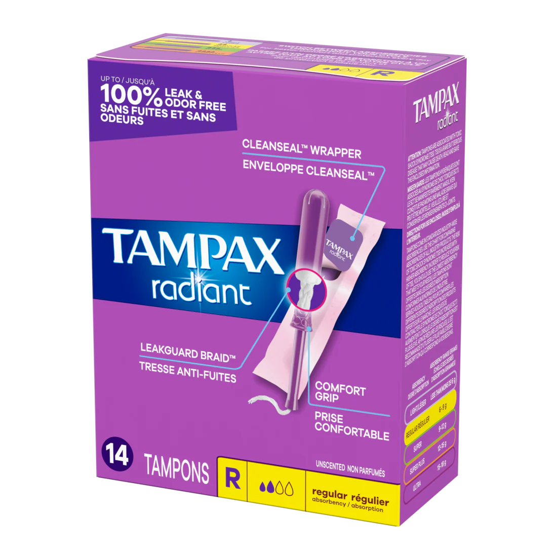Tampax Radiant Tampons With Leakguard Braid Regular Absorbency Unscented - 14ct/12pk