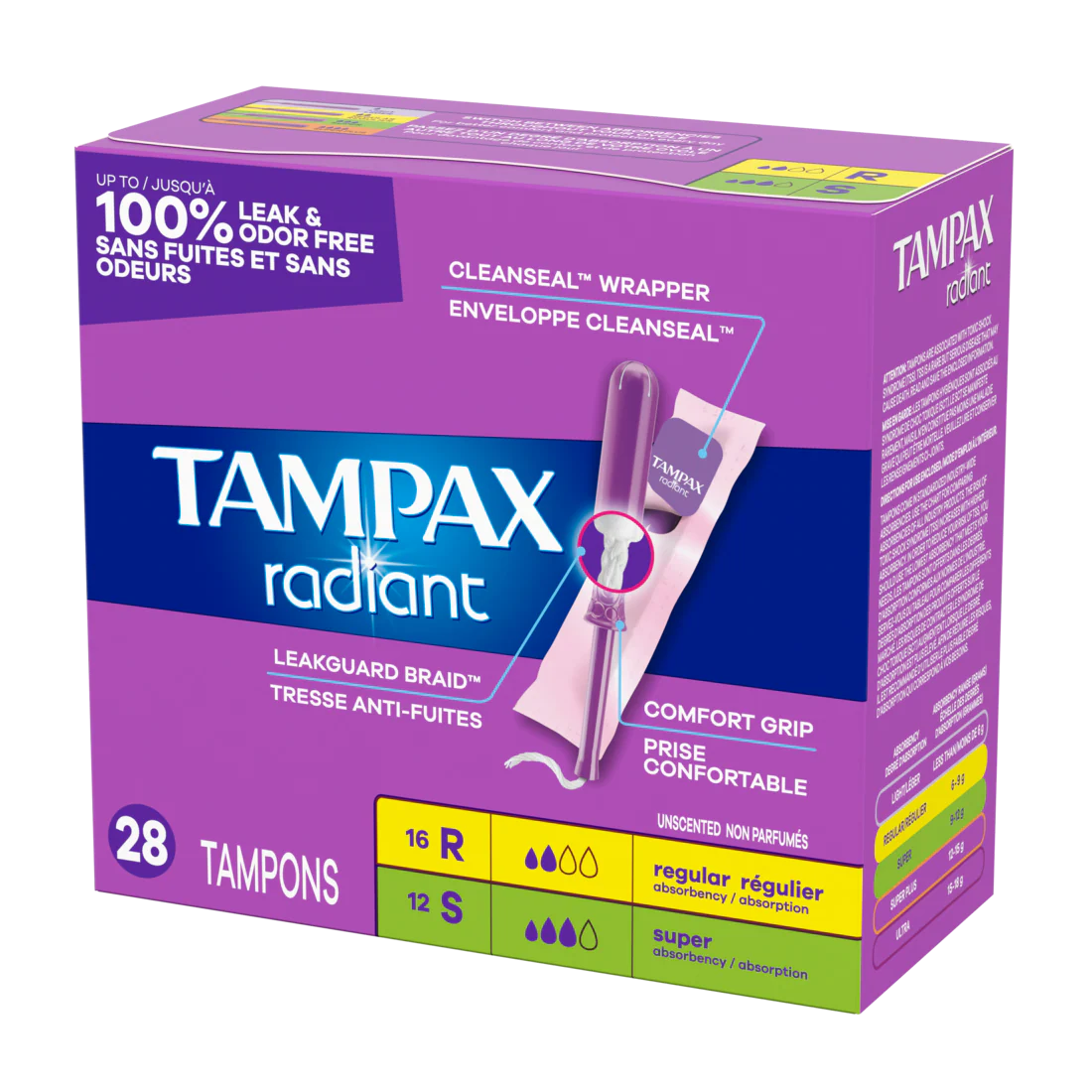 Tampax Radiant Tampons Multipack With Leakguard Braid Regular/Super Absorbency Unscented - 28ct/6pk