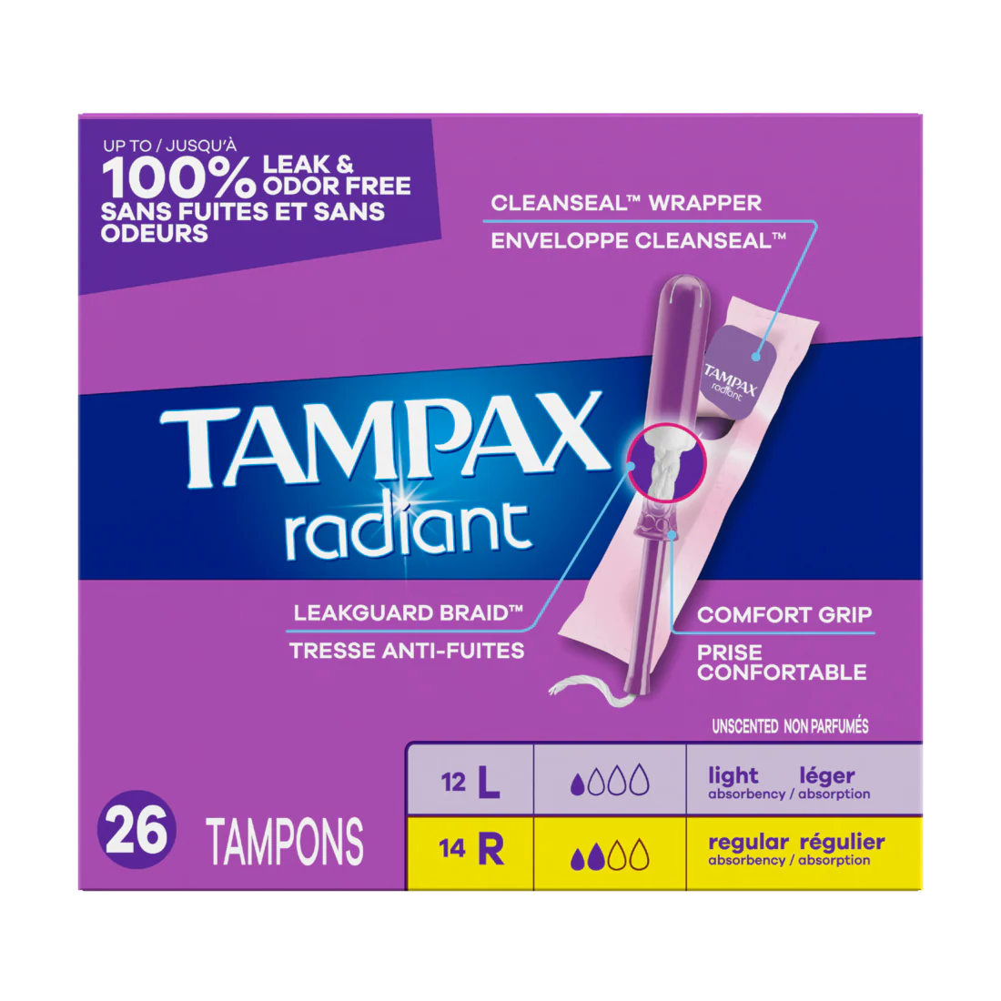 Tampax Radiant Tampons Multipack With Leakguard Braid Light/Regular Absorbency Unscented - 26ct/6pk
