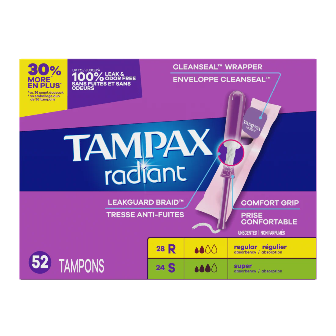 Tampax Radiant Tampons Multipack With Leakguard Braid Regular/Super Absorbency Unscented - 52ct/3pk