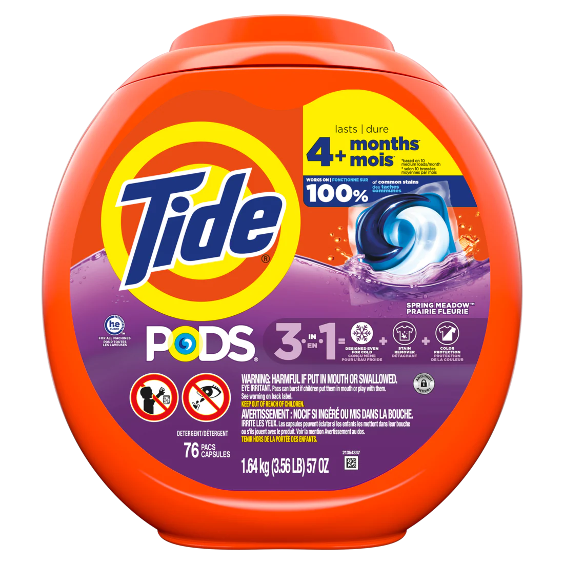 Tide Pods Laundry Detergent Pacs 3-in-1 Stain Remover Odor Fighter Color Protector HE Compatible Spring Meadow Scent - 76ct/4pk
