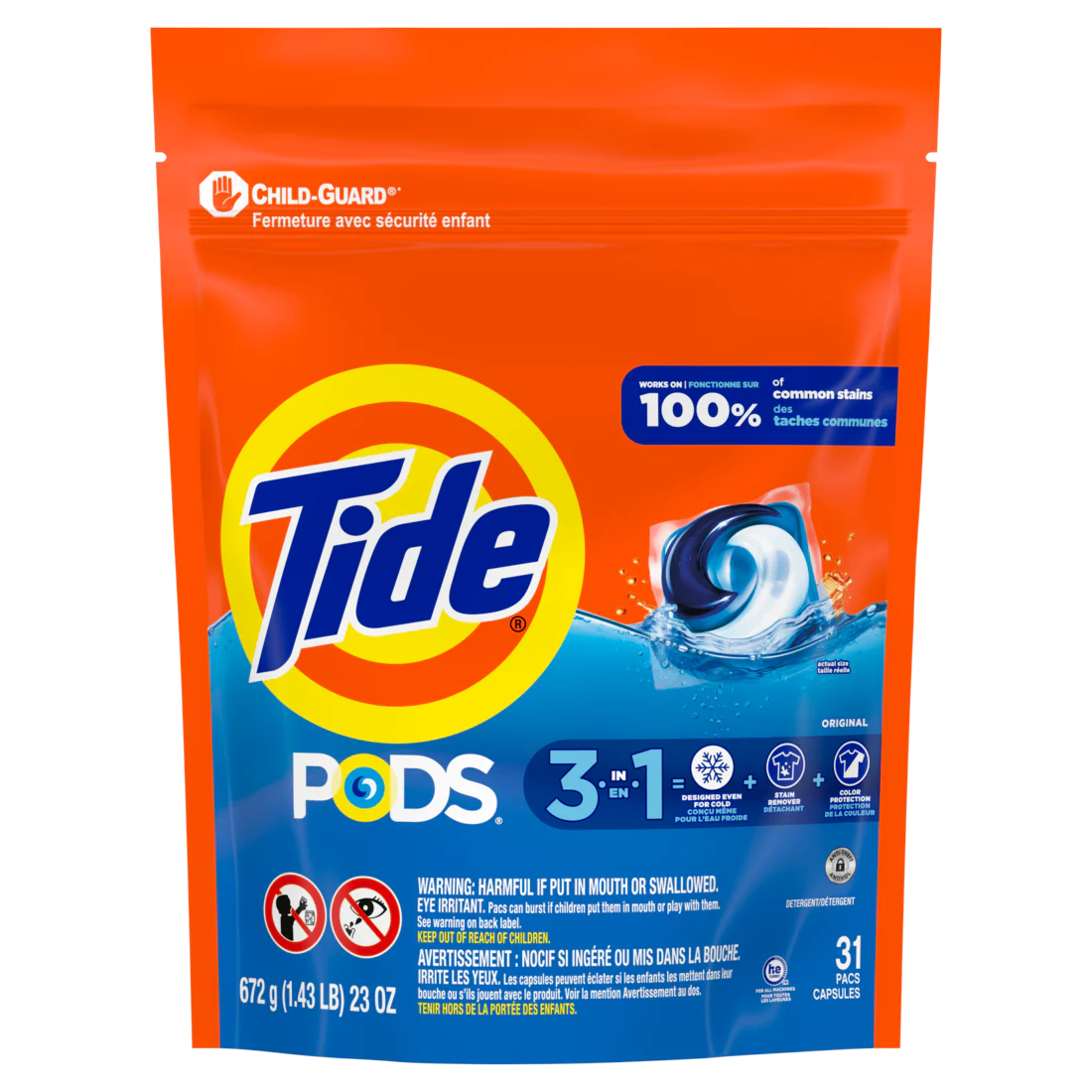 Tide Pods Laundry Detergent Original Scent 3-in-1 Stain Remover Odor Fighter Color Protector Concentrated Laundry Soap Pacs - 31ct/4pk