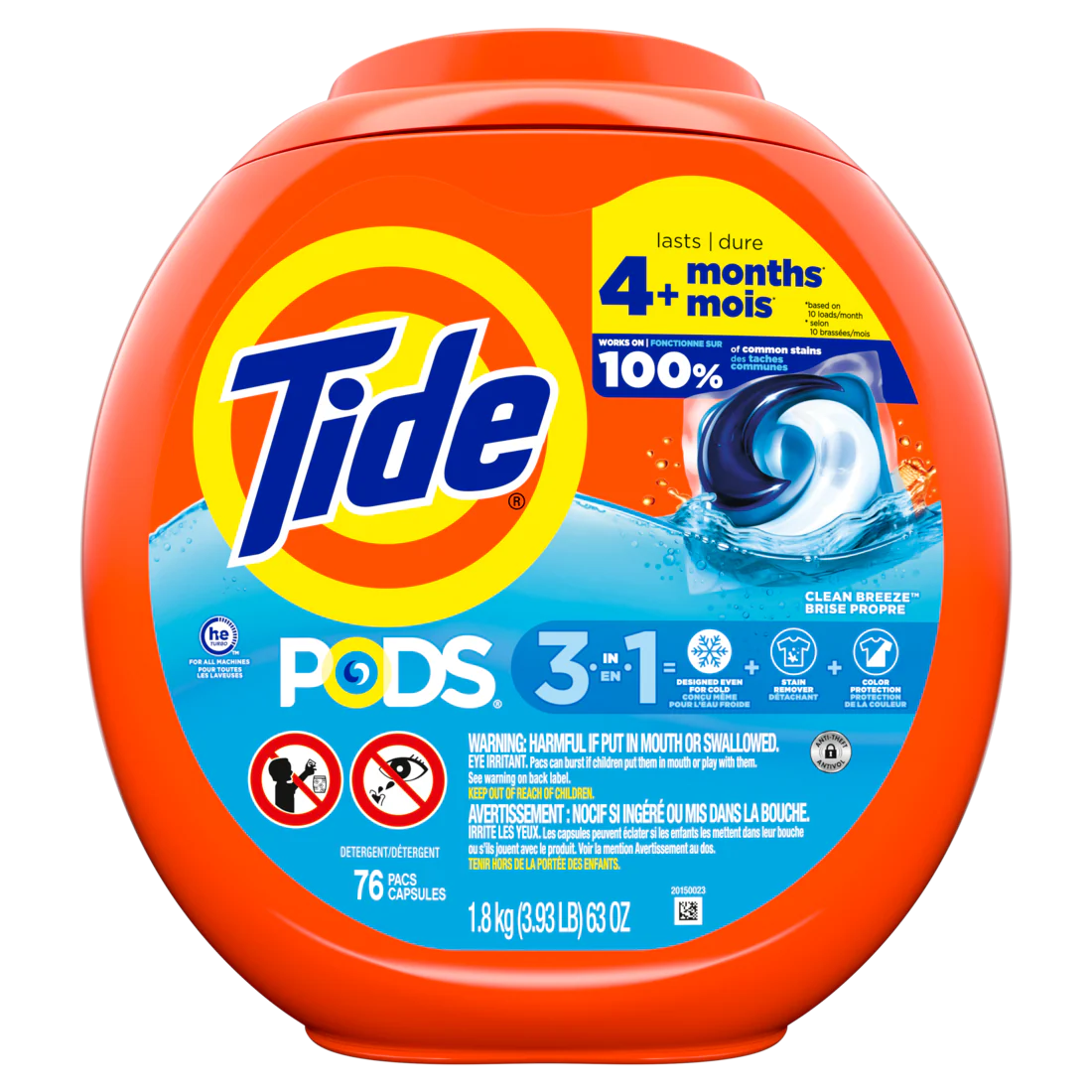 Tide Pods Laundry Detergent Pacs 3-in-1 Stain Remover Odor Fighter Color Protector HE Compatible Clean Breeze Scent - 76ct/4pk