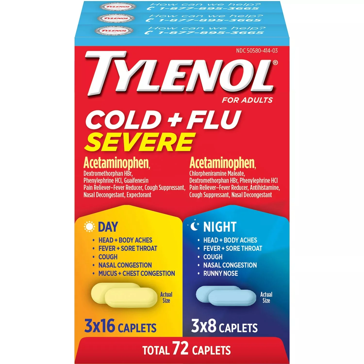Tylenol Cold + Flu Severe Day & Night Caplets 48ct Day 24ct Night - 72ct/1pk